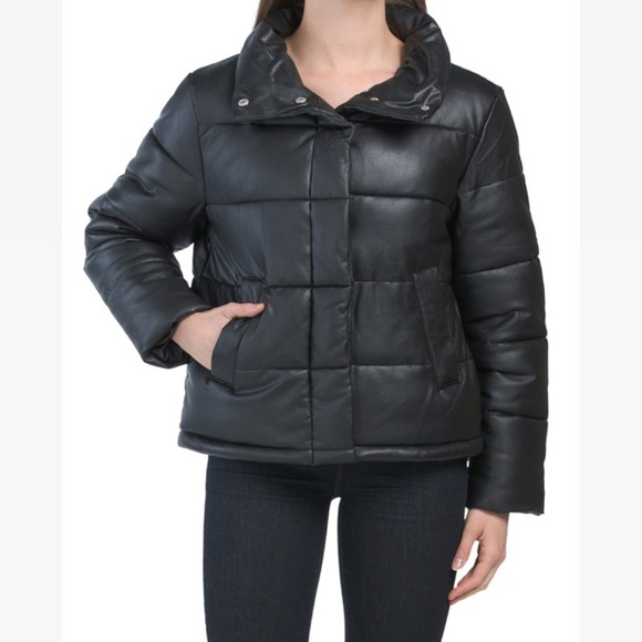 7 for All Mankind Faux Leather Quilted Black Puffer coat puffy winter jacket med - Picture 3 of 16